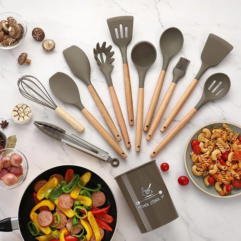 12-Piece Silicone Kitchen Utensils Set with Wooden Handles & Holder