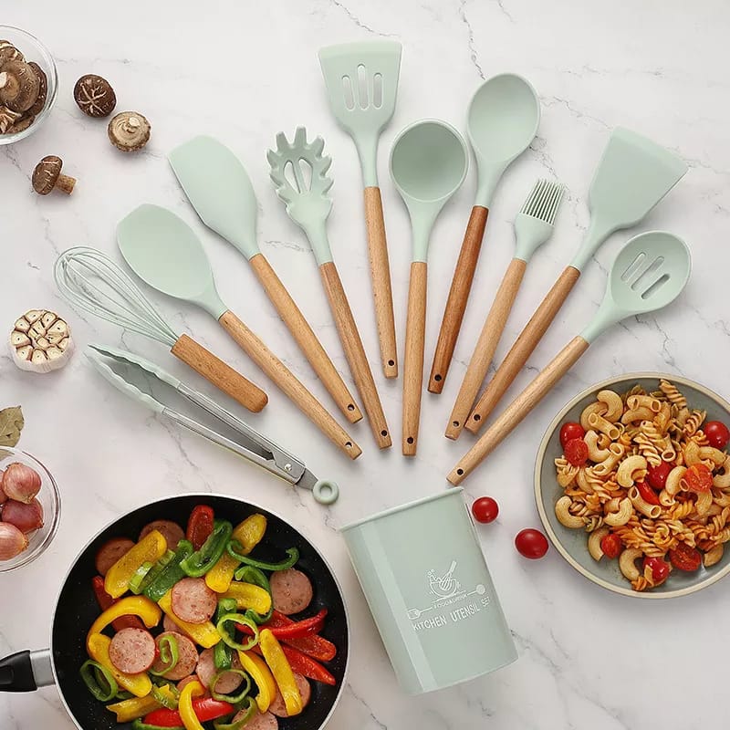 12-Piece Silicone Kitchen Utensils Set with Wooden Handles & Holder