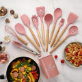 12-Piece Silicone Kitchen Utensils Set with Wooden Handles & Holder