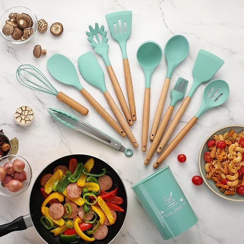 12-Piece Silicone Kitchen Utensils Set with Wooden Handles & Holder