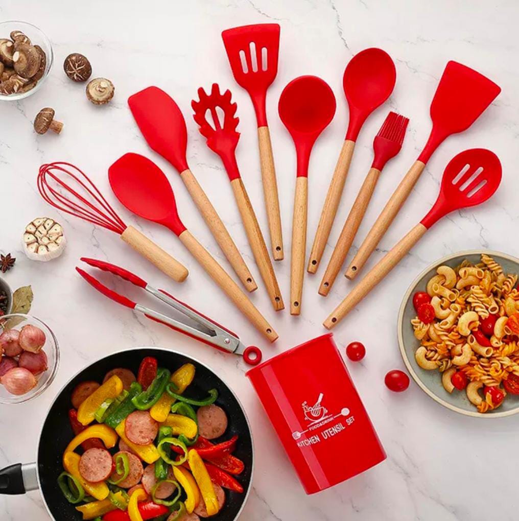 12-Piece Silicone Kitchen Utensils Set with Wooden Handles & Holder