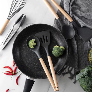 12-Piece Silicone Kitchen Utensils Set with Wooden Handles & Holder