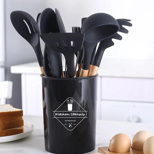12-Piece Silicone Kitchen Utensils Set with Wooden Handles & Holder
