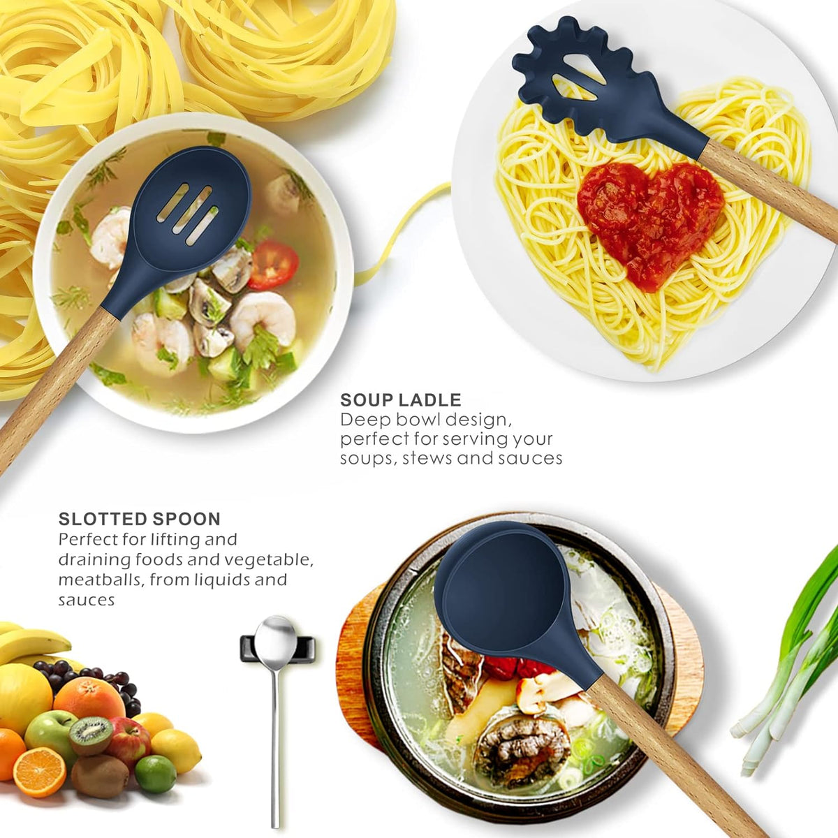 12-Piece Silicone Kitchen Utensils Set with Wooden Handles & Holder