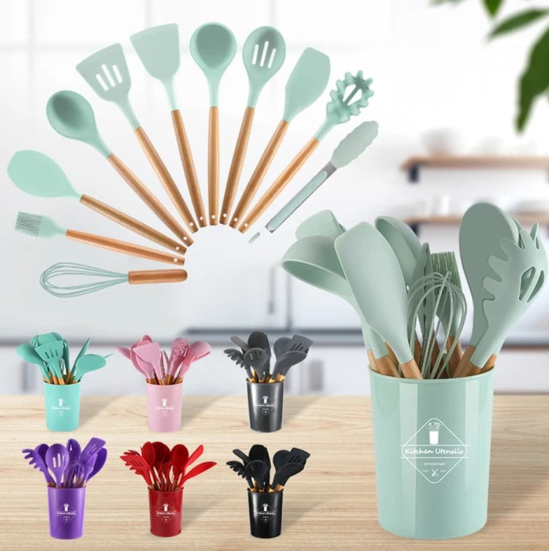 12-Piece Silicone Kitchen Utensils Set with Wooden Handles & Holder