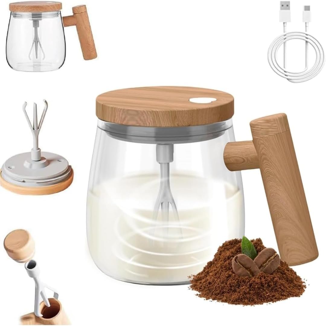 Wooden Design Automatic Self-Stirring Coffee Mug – 400ml Electric Mixing Cup