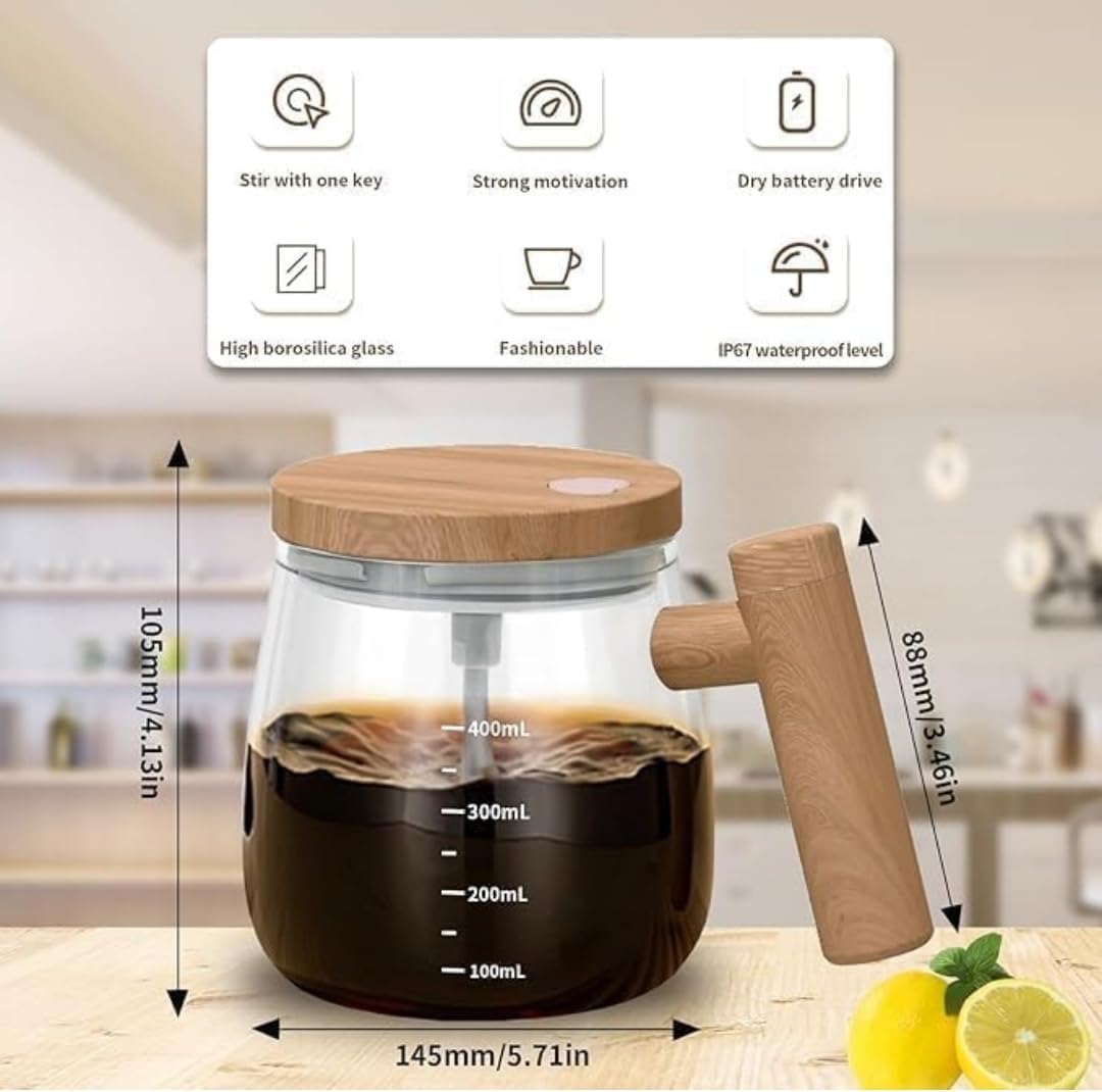 Wooden Design Automatic Self-Stirring Coffee Mug – 400ml Electric Mixing Cup