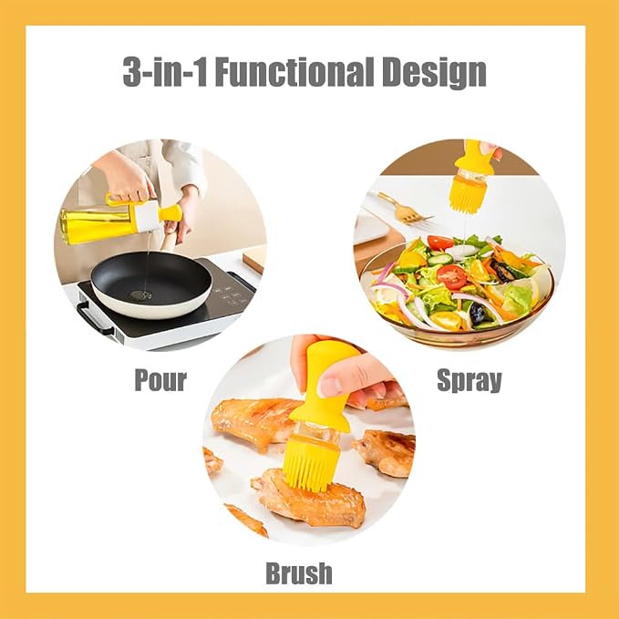 3-in-1 Oil Dispenser Bottle with Silicone Brush – 550ml Glass Oil Sprayer